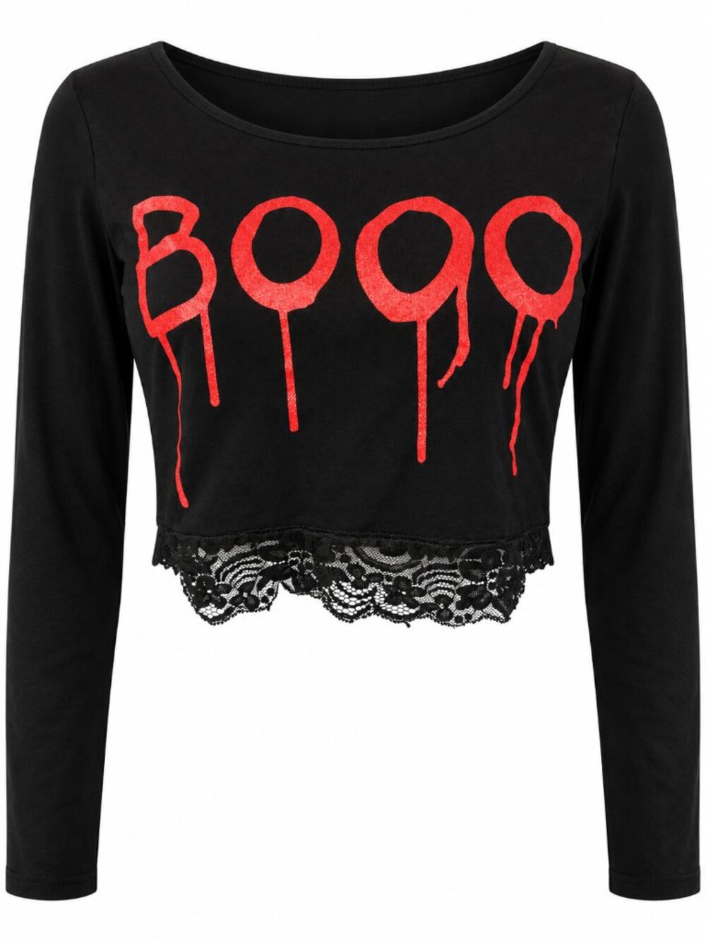 Divided Black BOOO Halloween Cropped Lace Long Sleeve Top S